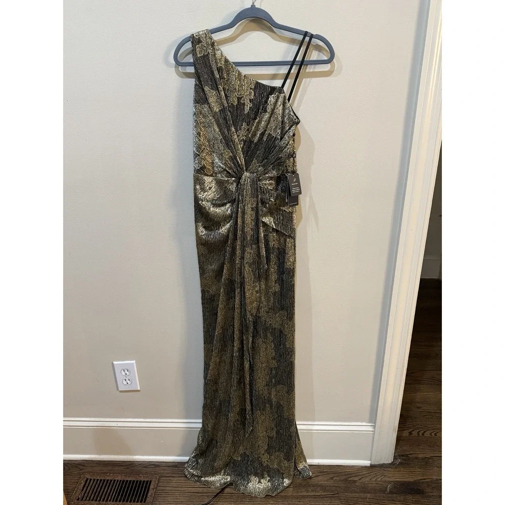 Adrianna Papell One Shoulder Metallic Gown Size 2 Gold Black Prom Gala MOB - Picture 2 of 7